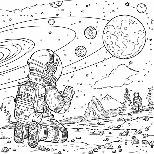Kneeling astronaut and standing astronaut on an alien planet surface, science fiction style — free printable astronaut coloring book page
