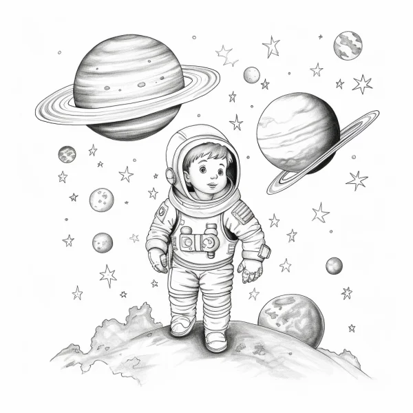 Cartoon astronaut standing on a rocky planet surface, sci-fi space theme — free printable astronaut coloring book page