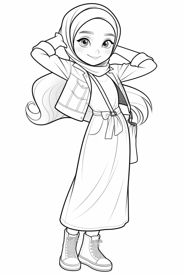 Cute cartoon girl wearing hijab, denim jacket — free printable middle east coloring book page