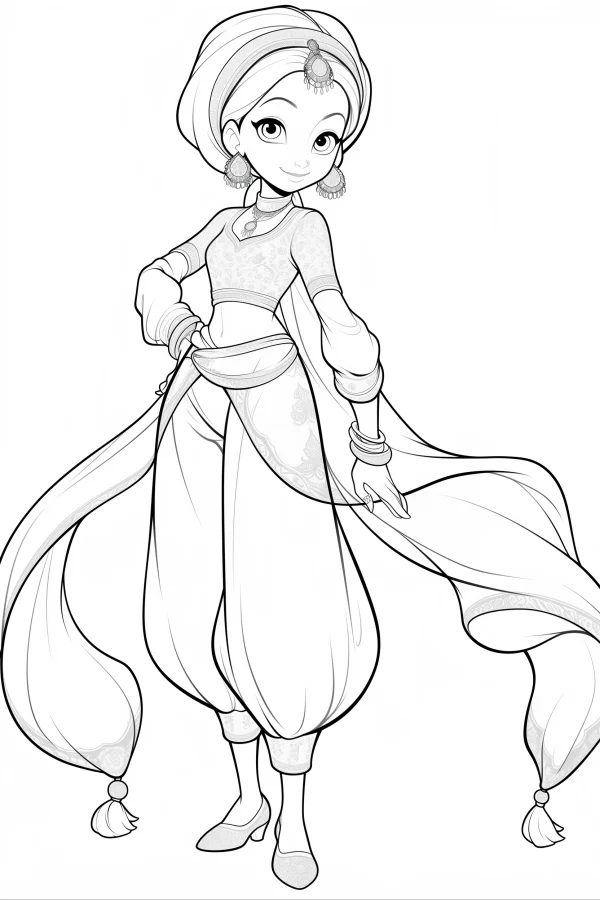 Indian-style cartoon princess, cartoon art style — free printable india coloring book page