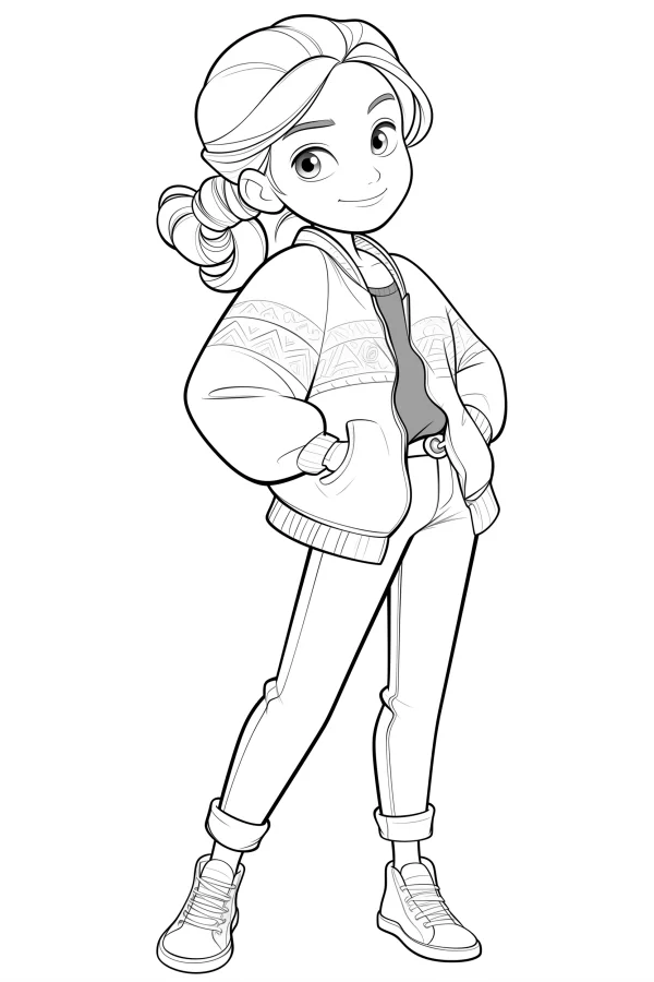 Cute fashion girl with low ponytail, cartoon style — free printable daily coloring book page