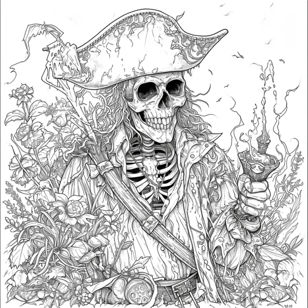 Skeleton pirate with tricorn hat, holding a cutlass and a flaming torch — free printable pirate coloring book page