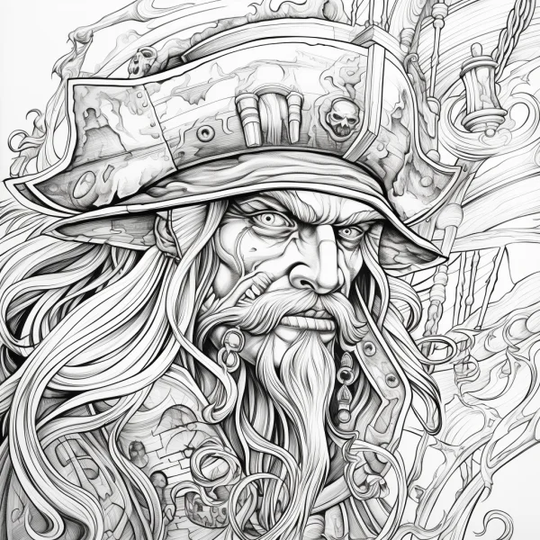 Fierce old pirate with facial scar, realistic style — free printable pirate coloring book page