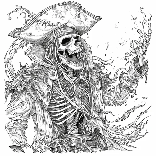 Skeleton pirate, gothic horror style — free printable pirate coloring book page