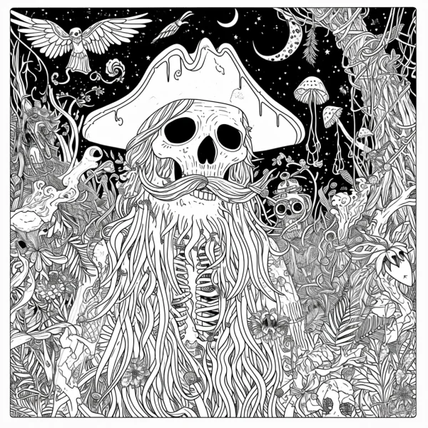 Long-bearded skeleton pirate, gothic fantasy style — free printable pirate coloring book page