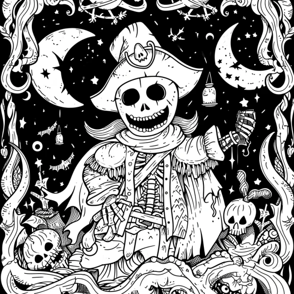 Skeleton pirate with pirate hat and cape, gothic horror fantasy style — free printable pirate coloring book page