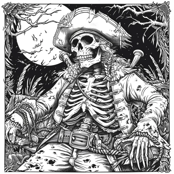 Pirate skeleton, gothic horror style — free printable pirate coloring book page