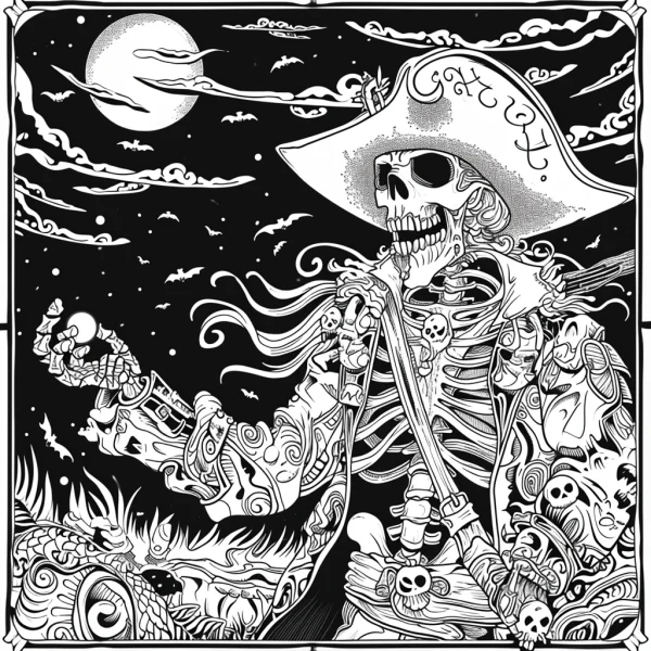 Skeleton pirate in gothic horror style, night sky with full moon — free printable pirate coloring book page
