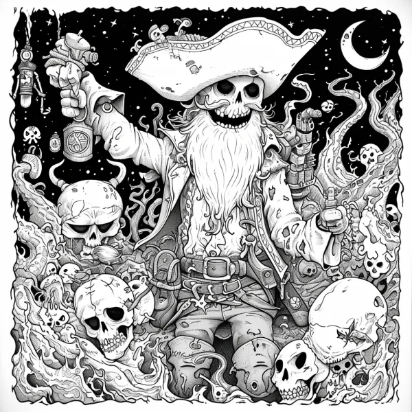 Skeleton pirate, gothic dark horror style — free printable pirate coloring book page