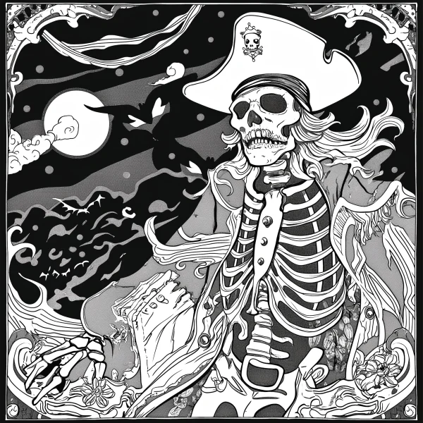 Skeleton pirate, gothic style — free printable pirate coloring book page