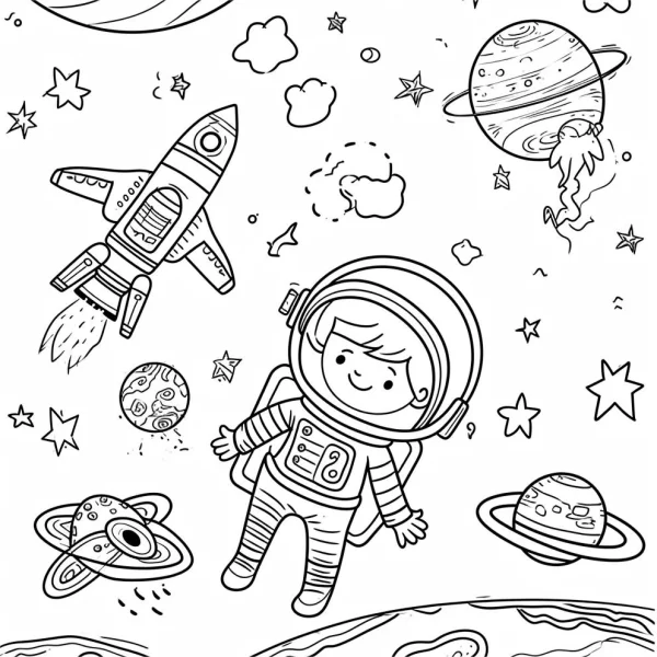 Cartoon astronaut boy in outer space, cartoon style — free printable astronaut coloring book page