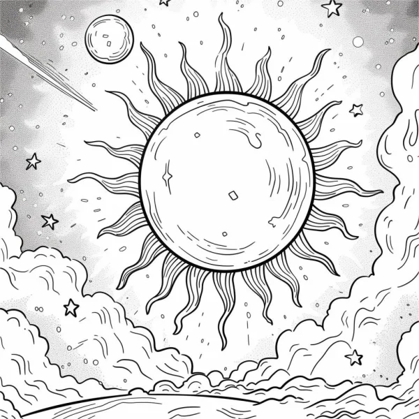 Cartoon sun in space scene, cartoon style — free printable starry sky coloring book page