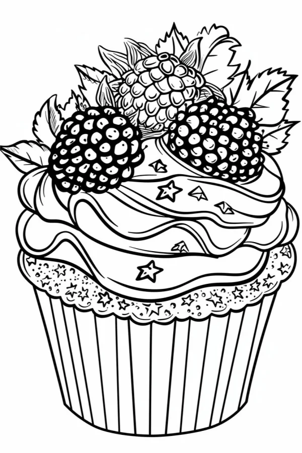 Decorated cupcake with blackberries, raspberries and leaves — free printable desserts coloring book page