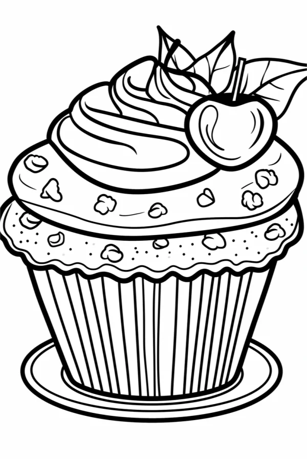 Cherry cupcake with swirled cream and decorative toppings, cartoon style — free printable desserts coloring book page