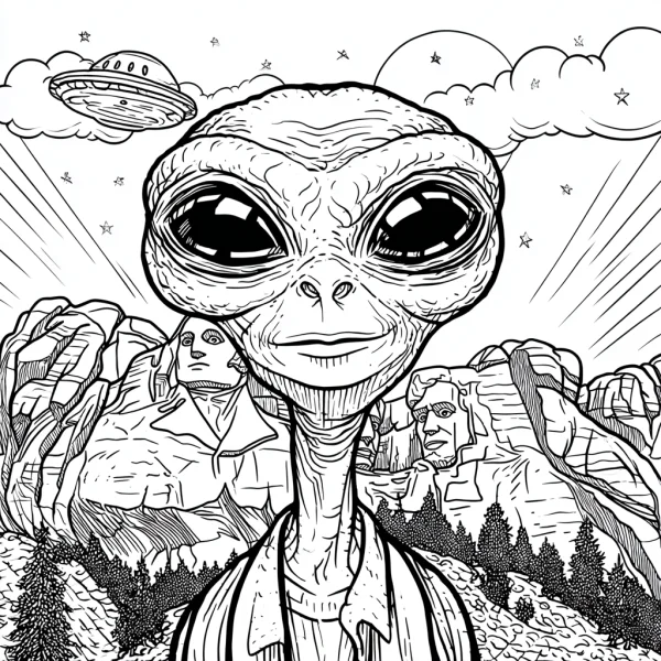 Big-eyed alien, cartoon style — free printable landmarks coloring book page
