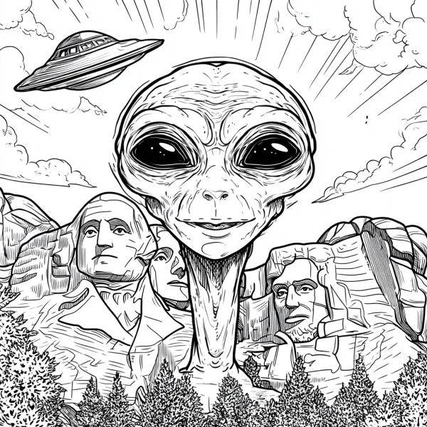 Big-eyed alien in front of mount rushmore with presidential statues, ufo flying in sky with clouds — free printable euro-american culture coloring book page