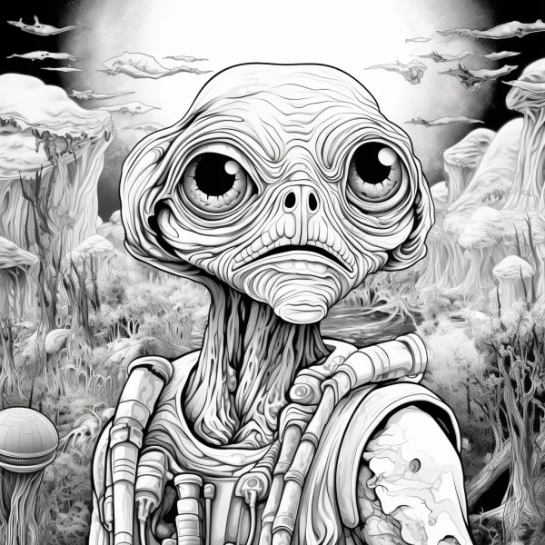 Mechanical-equipped alien, sci-fi realistic style — free printable aliens coloring book page