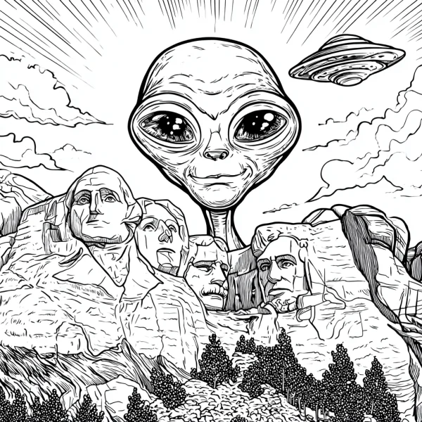 Giant alien head above mount rushmore statues, sci-fi style — free printable landmarks coloring book page