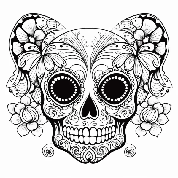 Day of the dead decorated sugar skull, mexican folk art style — free printable mexican culture coloring book page