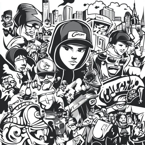 Hip-hop street character group portrait, graffiti and street art style — free printable hip hop coloring book page