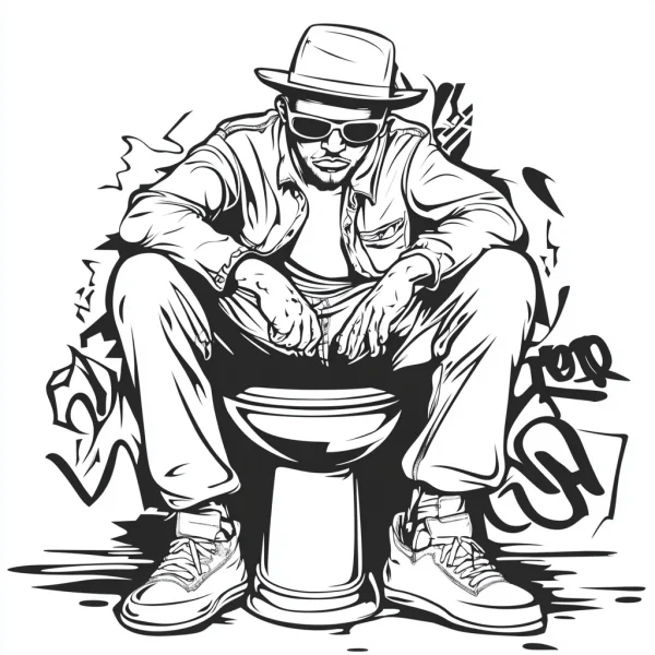 Coloring book page, hip-hop style man sitting on a toilet — free printable hip hop coloring book page