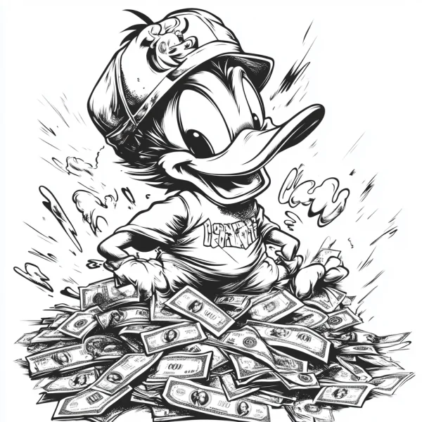 Cartoon donald duck sitting on a pile of us dollar bills, wearing a cap and t-shirt with 'ducktales' text — free printable wealth coloring book page
