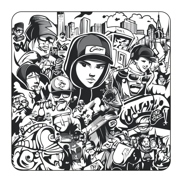 Hip-hop style crowd, graffiti art style — free printable hip hop coloring book page