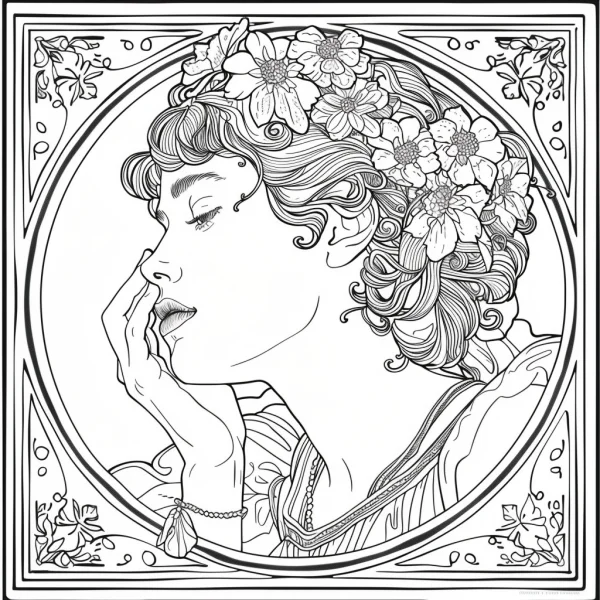 Curly-haired girl with flower crown, art nouveau style — free printable art nouveau coloring book page