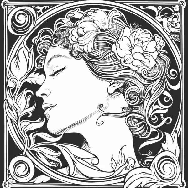 Art nouveau style girl profile with flowers in curly hair, surrounded by floral vines and ornate scroll patterns — free printable art nouveau coloring book page