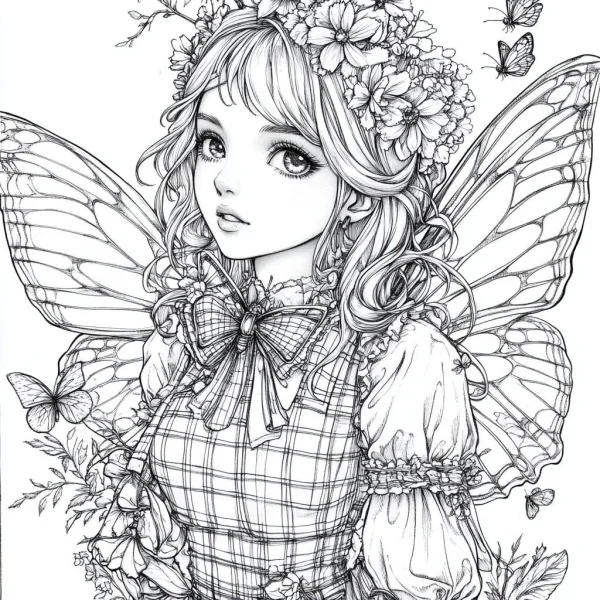 Fairy with flower crown and butterfly wings, anime illustration style — free printable butterfly coloring book page