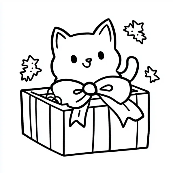 Cute cat inside gift box with large bow, cartoon style — free printable gift coloring book page