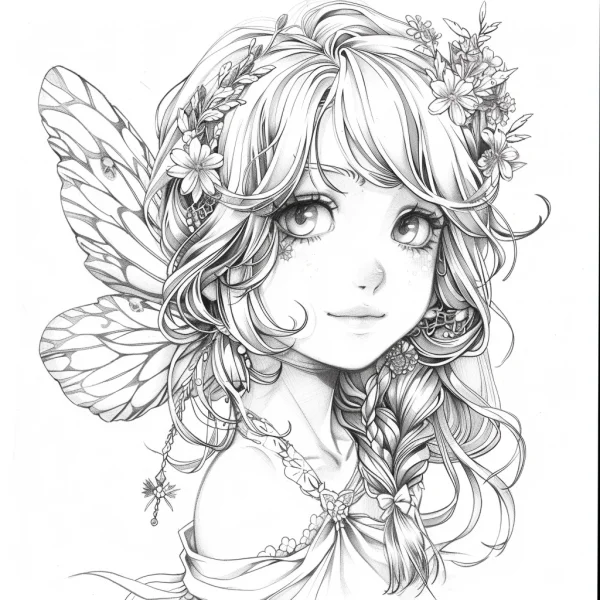 Fairy with butterfly wings and floral wreath in hair, anime cartoon style — free printable fairy coloring book page