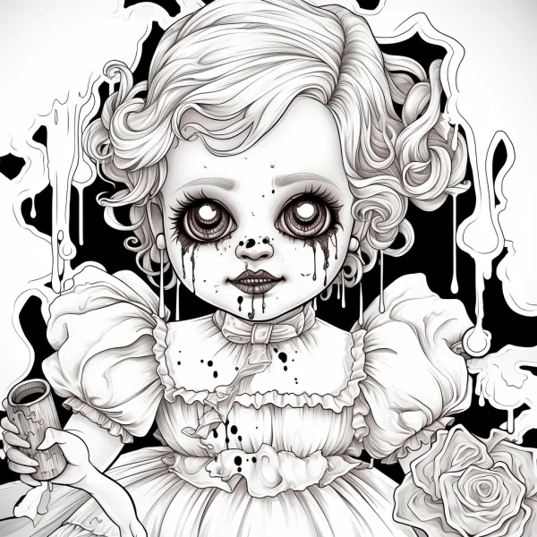 Creepy horror doll with curly hair, gothic dark style — free printable darkness coloring book page