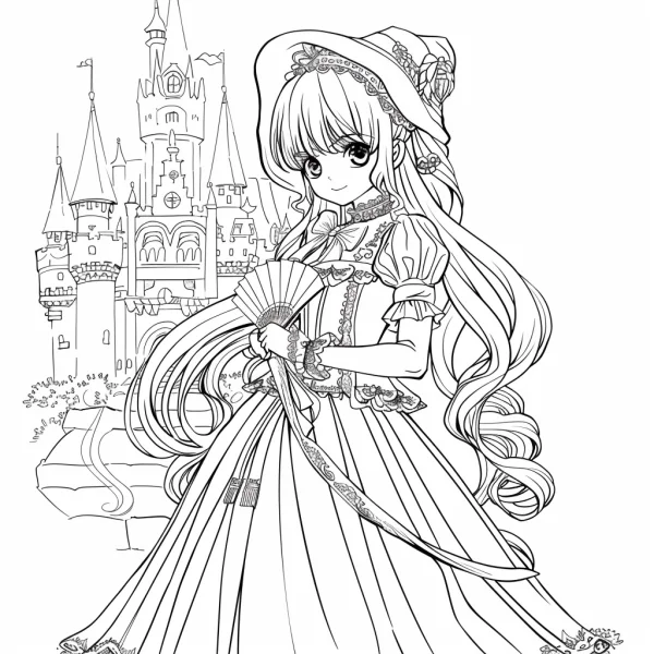 Elegant european princess holding a fan, with long curly hair and vintage dress and hat — free printable princess coloring book page