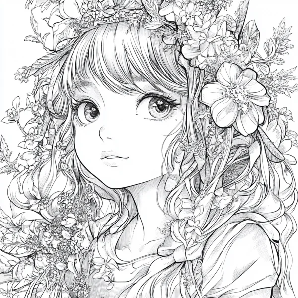 Fairy tale girl surrounded by abundant flowers and vines, japanese anime cartoon style — free printable fairy coloring book page
