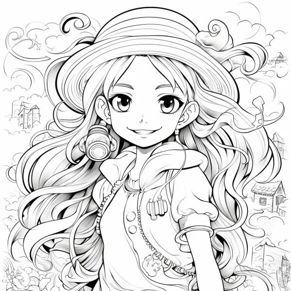 Cartoon girl with wide-brimmed hat and headphones, cartoon style — free printable daily coloring book page