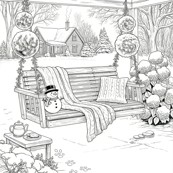 Winter christmas courtyard with a snowman on a wooden bench, cozy outdoor scene with snow-covered ground — free printable snow scene coloring book page