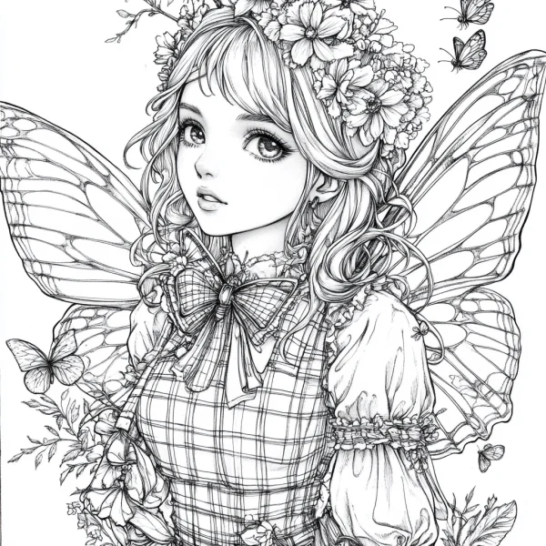 Fairy girl with flower crown and butterfly wings, cute anime cartoon style — free printable butterfly coloring book page