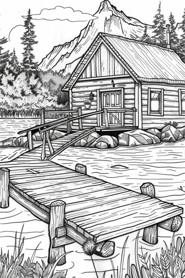 Lakeside wooden cabin with wooden dock, realistic line art style — free printable lakes coloring book page