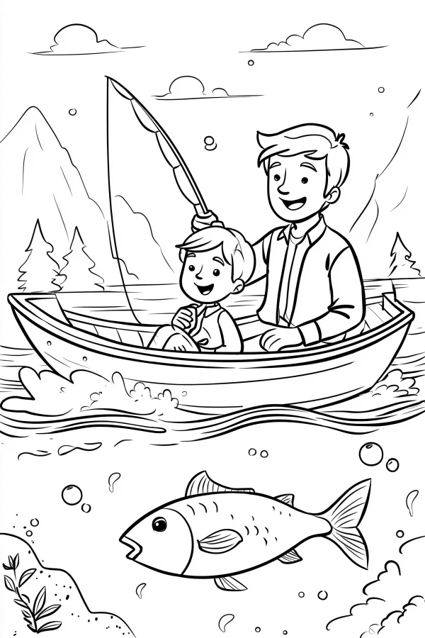 Father and son fishing in a boat, cartoon style — free printable fishing coloring book page