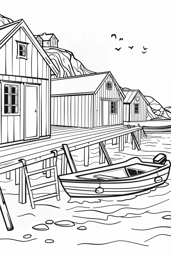 Seaside dock with wooden cabins and small boat, realistic line art style — free printable fishing village life coloring book page