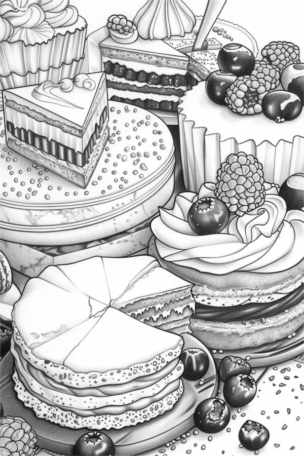 Assorted dessert cakes and pastries including sliced cakes, cupcakes — free printable desserts coloring book page