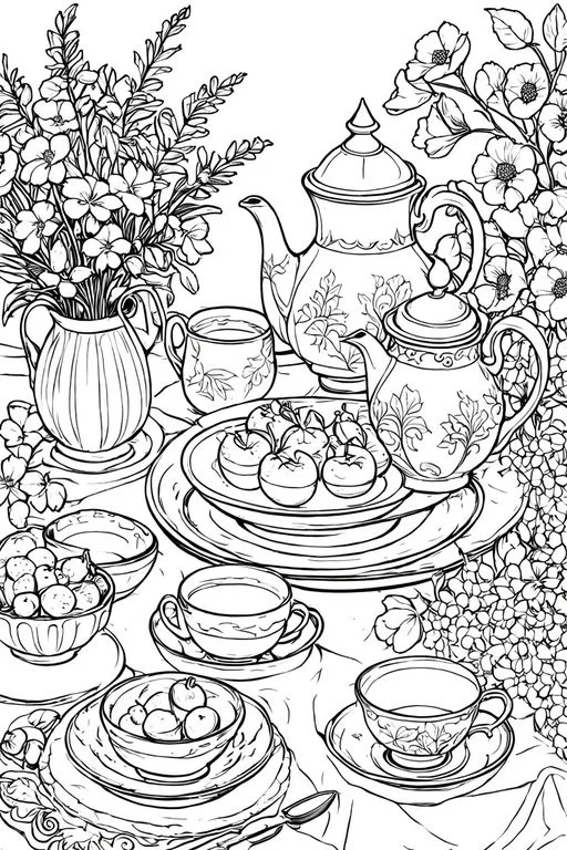 Coloring book page, afternoon tea table scene with teapots — free printable afternoon tea coloring book page