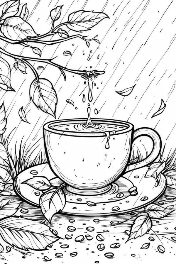 Coffee cup in the rain with saucer, sketch style — free printable rainy season coloring book page