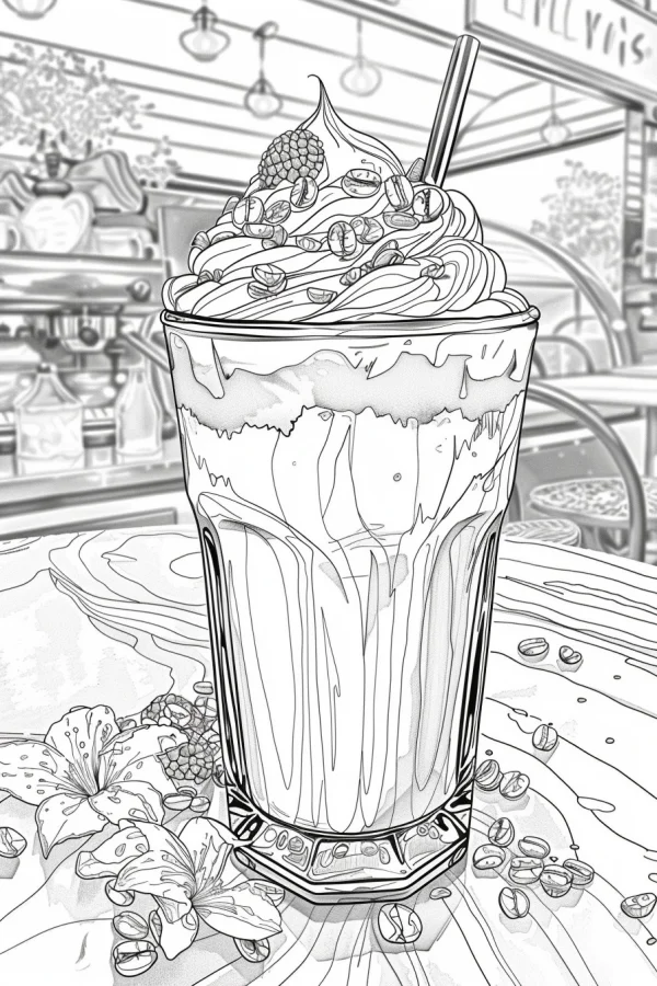 Creamy coffee iced drink in glass, topped with whipped cream — free printable cafe coloring book page
