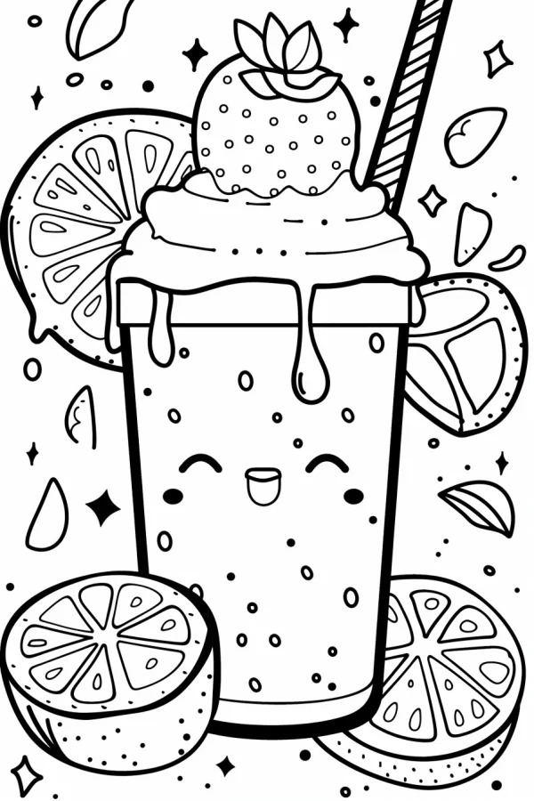 Cute anthropomorphic drink cup with strawberry on top and whipped cream, surrounded by lemon slices — free printable cute coloring book page
