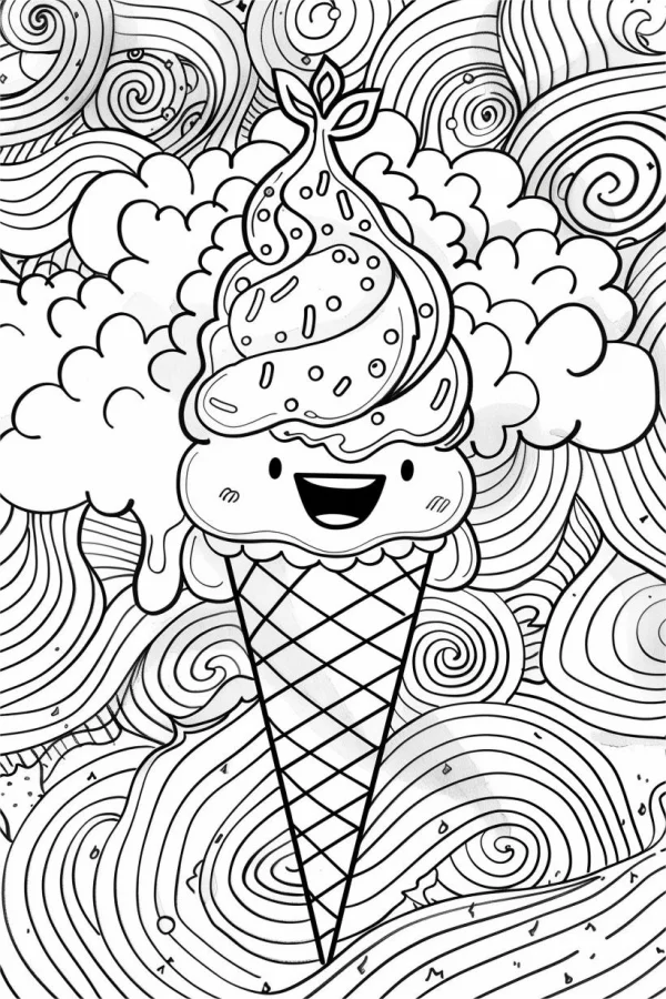 Happy anthropomorphic ice cream cone with smiling face, cartoon style — free printable innocence coloring book page
