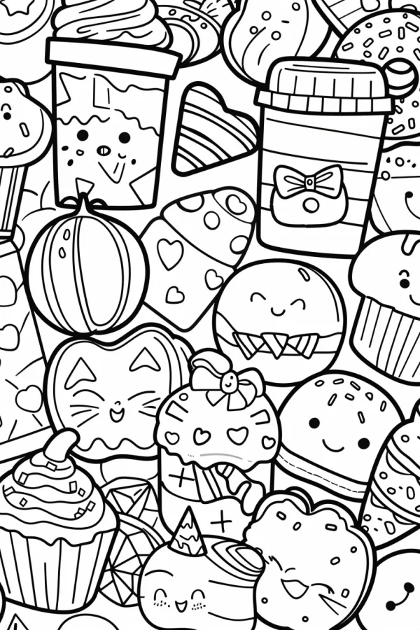 Collection of cute anthropomorphic food including cupcakes, donuts — free printable cute coloring book page