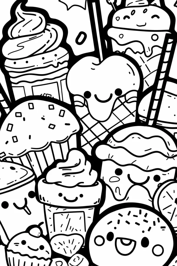 Cute anthropomorphic desserts collection, cartoon style — free printable cute coloring book page