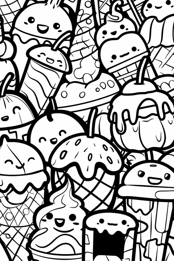 Cute anthropomorphic desserts collection including ice creams, drinks and waffle cones — free printable childlike coloring book page